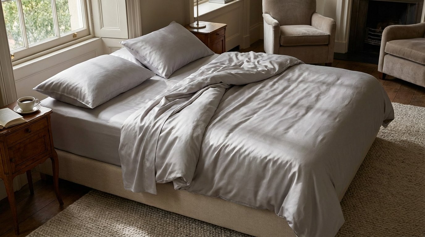 Set letto in raso di seta su un letto matrimoniale in una camera luminosa