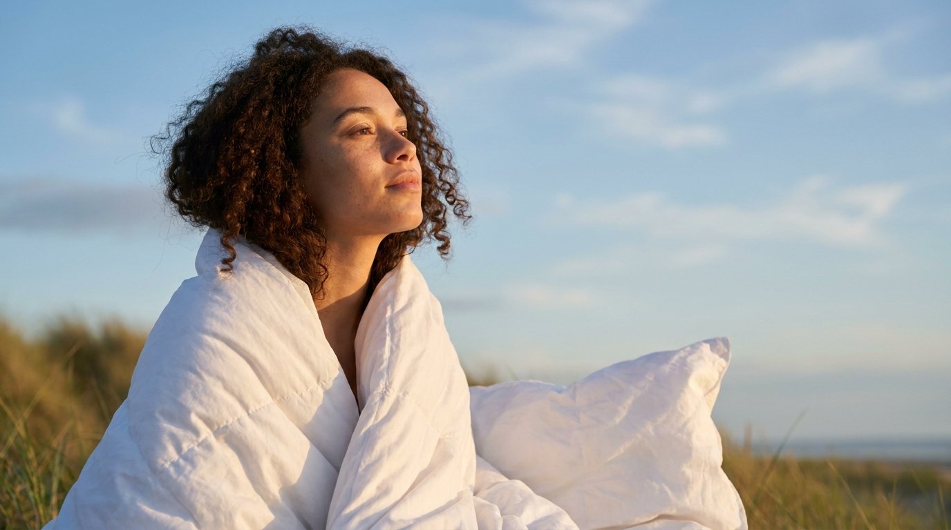 Piumone in seta usato all'aperto al tramonto per mostrare il comfort termico