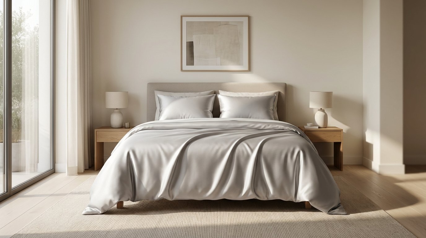 Set letto in seta con piumone e federe coordinate in una camera luminosa