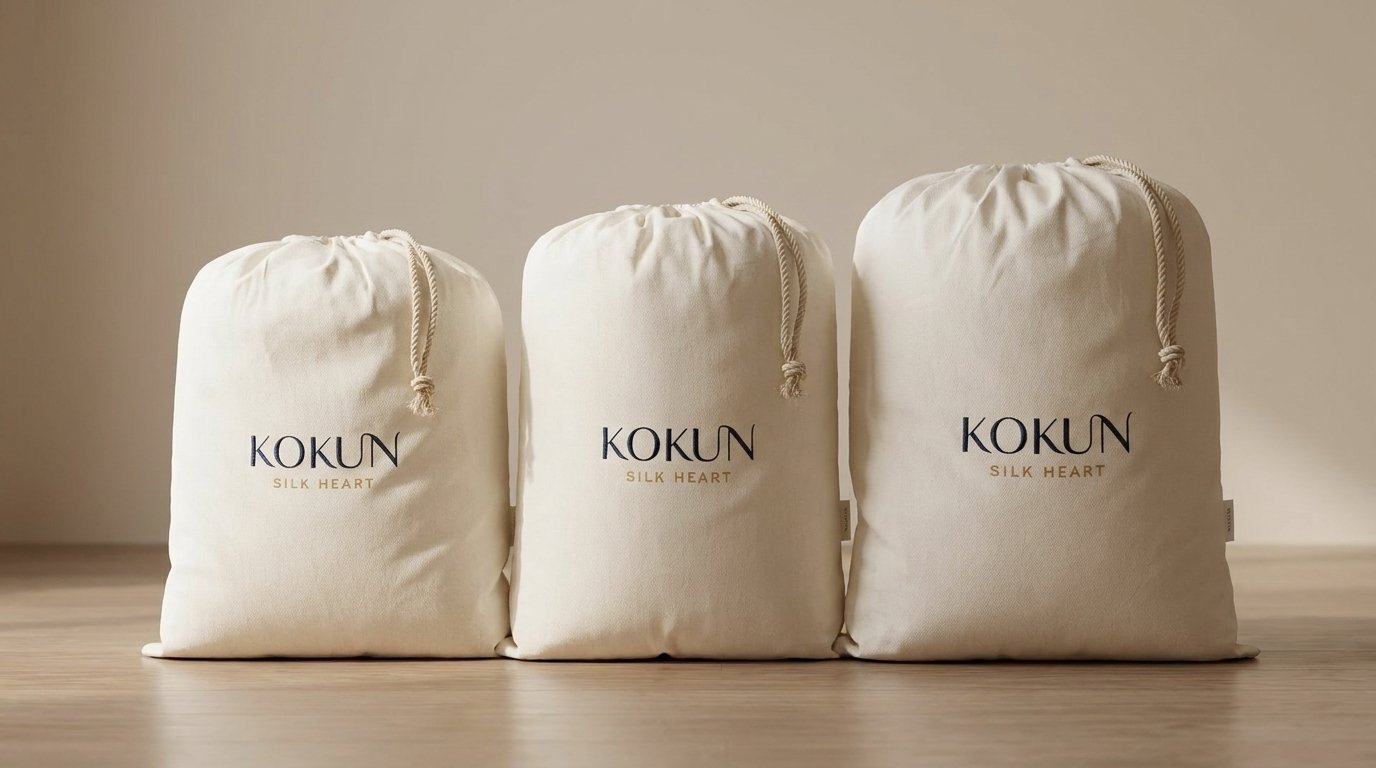 Sacche di cotone Kokun con i piumoni in seta pronte per la consegna